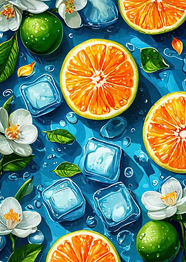 Citrus, Ice Cubes, and Floral Arrangement
