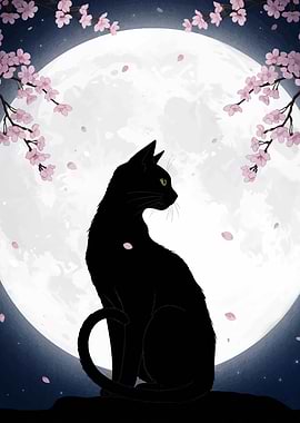 Black Cat Under Cherry Blossom Moon