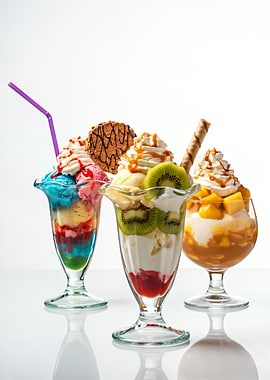 Three colorful ice cream sundaes