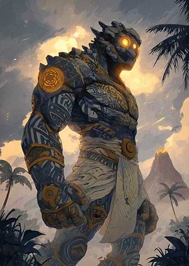 Stone Golem in Tropical Landscape