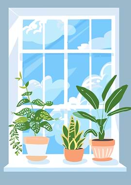 Plants on a Window Sill Illustration