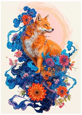 Fox with Floral and Swirls