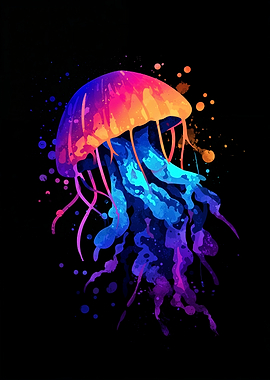 Colorful Jellyfish Watercolor on Black Background