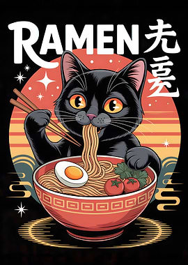 Black Cat Eating Ramen Illustration