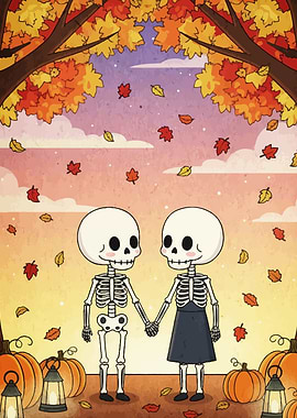 Skeleton Couple in Autumn Landscape