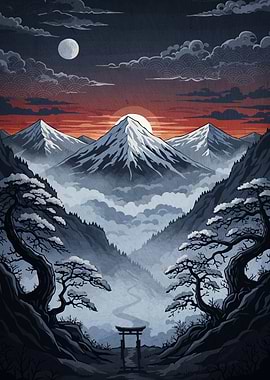 Japanese Mountain Landscape Torii Gate