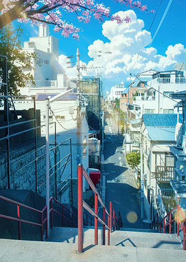 Japanese Street Scene with Stairs