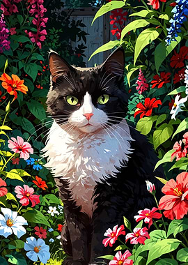 Cat in a flower garden