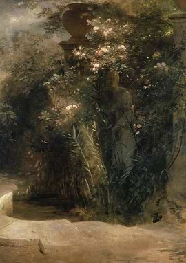 Garden with Statue and Stone Steps