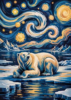 Polar Bear Starry Night Art