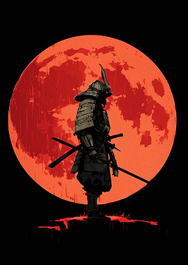 Samurai Warrior with Red Moon Backdrop