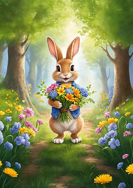 Rabbit with Flowers in Forest