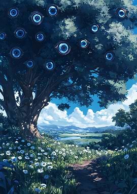 A tree of eyes watches over a quiet meadow. 3