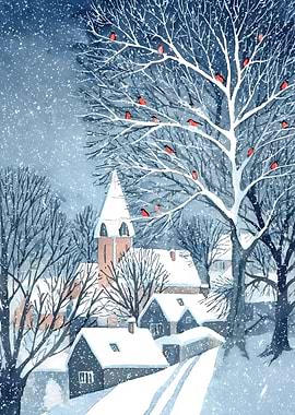 Winter Village with Birds and Snow