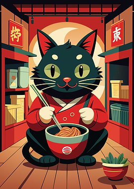 Cat Eating Noodles in Japanese Setting