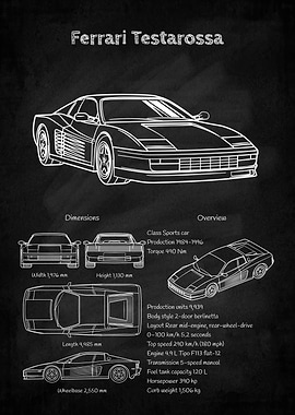 Ferrari Testarossa Blueprint on Black Background