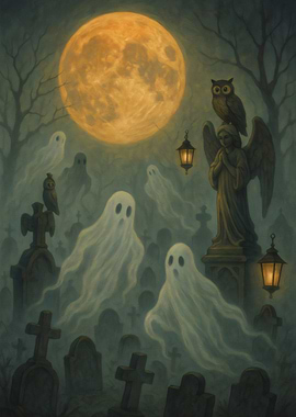 Spooky Ghosts in Graveyard