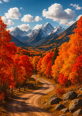 Autumn Road to Snowy Mountains