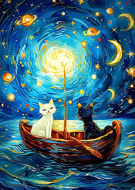 Cats in Boat, Starry Night Style