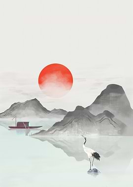 Japanese Landscape with Crane and Boat