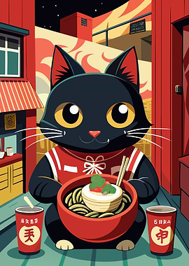 Cat with Ramen Bowl in Cityscape