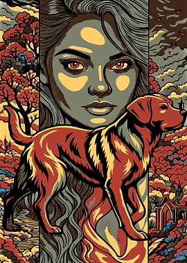 Woman, Dog, and Autumn Landscape Art