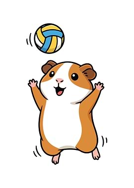 Cartoon Guinea Pig Playing Volleyball
