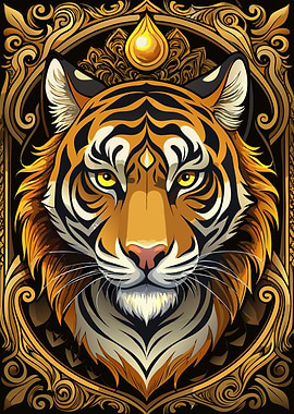Tiger Portrait with Golden Ornate Frame