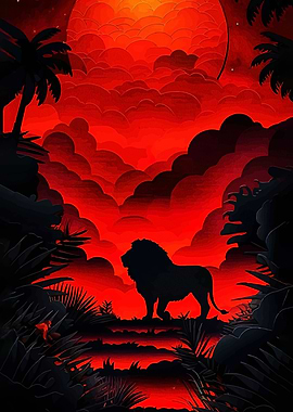 Lion Silhouette in Red Jungle