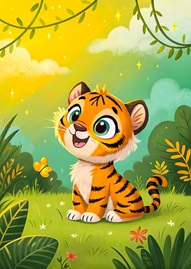 Cute Tiger Cub Smiles Bright Forest Morning Wildlife Art