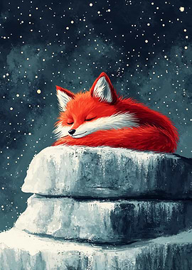 Sleeping Fox on Snowy Rock
