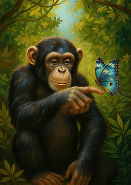 Chimpanzee with Butterfly in Lush Jungle