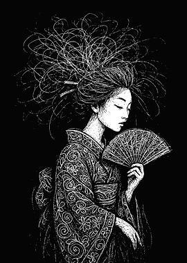 Geisha with Fan Black and White Scribble Art