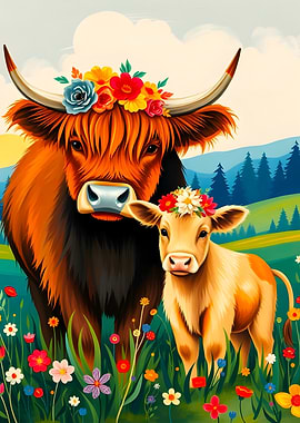 Highland Cow and Calf with Flower Crowns