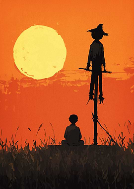 Boy, Scarecrow, and Sunset Silhouette