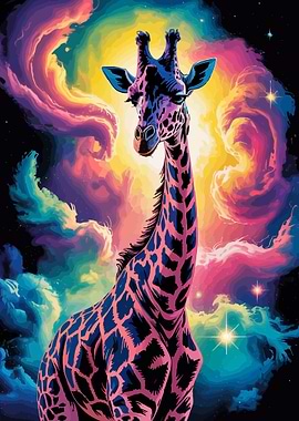 Colorful Giraffe in Cosmic Background