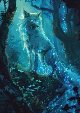 Mystical Blue Wolf in Enchanted Forest