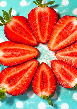 Halved Strawberries on Polka Dot Background