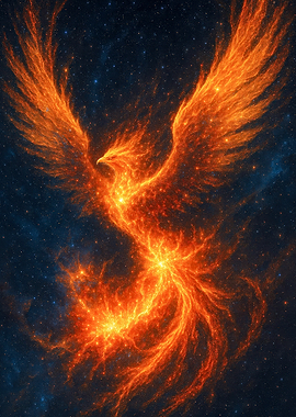 Fantasy Fiery Phoenix Rising in Starry Sky