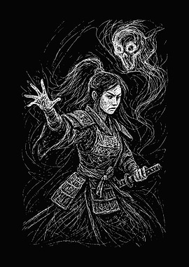 Samurai Warrior with Spirit Skull Scribble Art