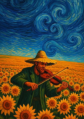 Sunflower Field Violinist in Van Gogh Style