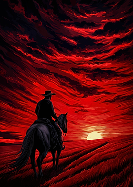 Cowboy on Horseback at Sunset