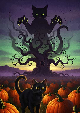 Black Cat in Pumpkin Patch Illustration