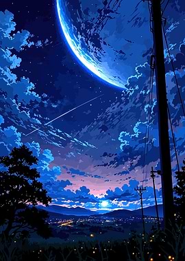 Blue Night Landscape with Planet