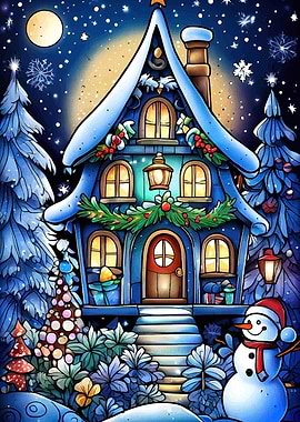 Winter House with Snowman Illustration