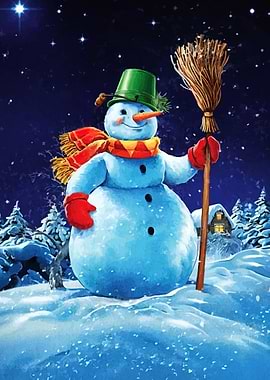 Cheerful Snowman with Broom in Winter