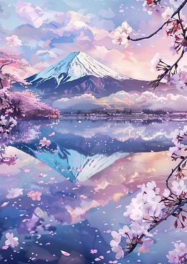 Mount Fuji and Cherry Blossoms Reflection