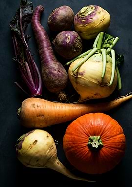 Assorted Root Vegetables on Dark Background