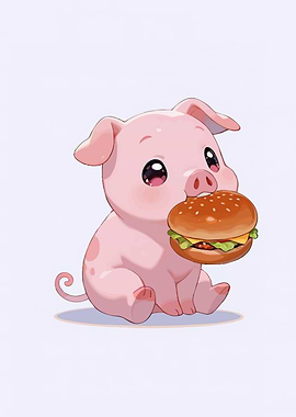 Cute Pig Eating Burger