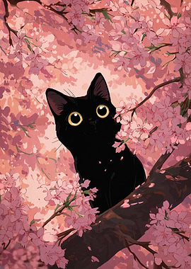 Black cat in cherry blossom tree